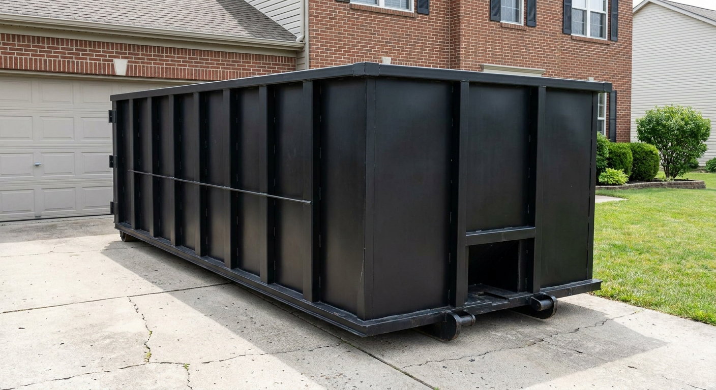 Matte-black 20-yard roll-off container on a Bristol residential concrete driveway with reinforced ribbed steel sidewalls and a hinged rear walk-in door, clean bright daylight.