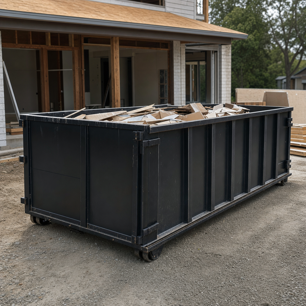 Large matte-black 30-yard construction roll-off dumpster at an active Bristol jobsite, steel-gray top rails and bottom rollers visible, loaded with construction debris.